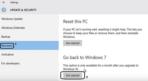 Windows 10 Recovery, Get Started highlighted