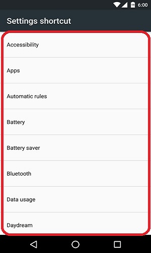 Settings Shortcut Selection