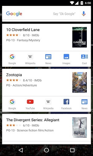 Google Now on Tap, Movies Information
