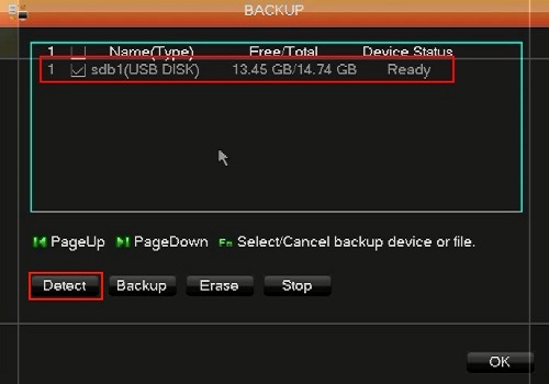 WinBook DVR Backup Menu USB drive selected