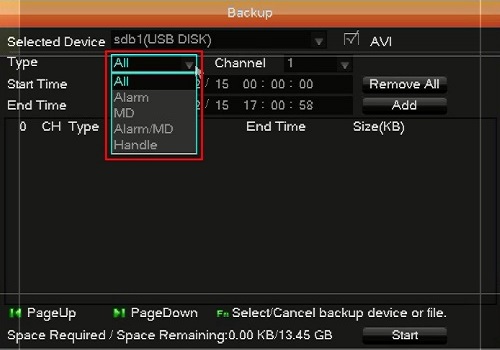 WinBook DVR Backup Menu Type Selected