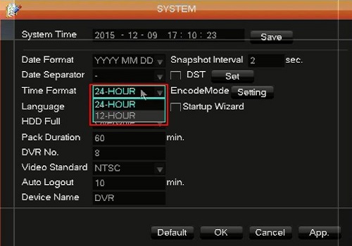 WinBook DVR System Menu Time Format Selected