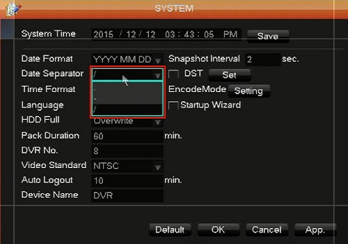 WinBook DVR System Menu Date Separator Selected