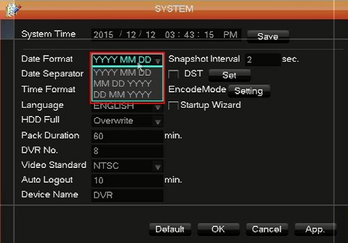 WinBook DVR System Menu Date Format Selected