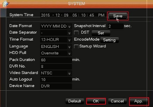 WinBook DVR System Menu Save options Selected
