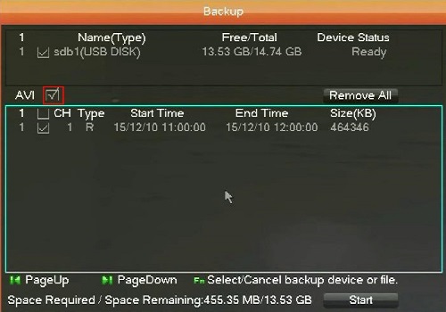 WinBook DVR Backup menu AVI box selected