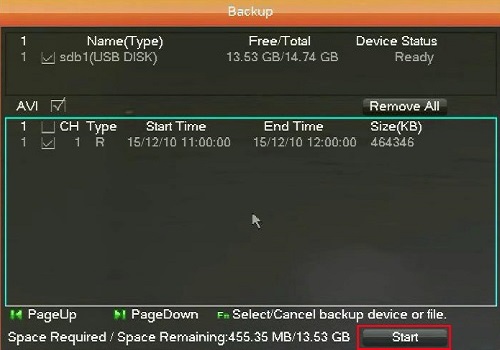WinBook DVR Backup menu Start highlighted