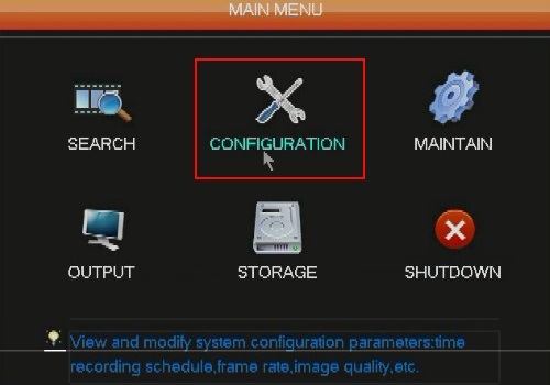 WinBook DVR Main Menu, Configuration Selected