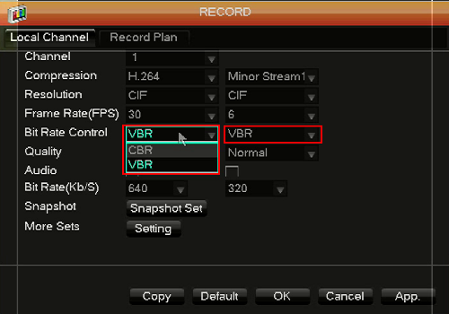 WinBook DVR Record Options Menu, FPS Selected