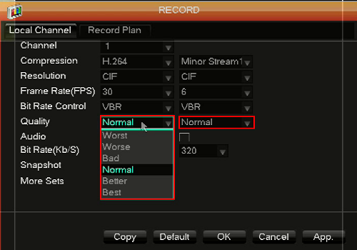 WinBook DVR Record Options Menu, Quality Selected