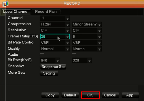 WinBook DVR Record Options Menu, Confirmation OK Selected