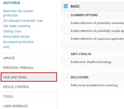 ESET Version 9 Web and Email button Selected