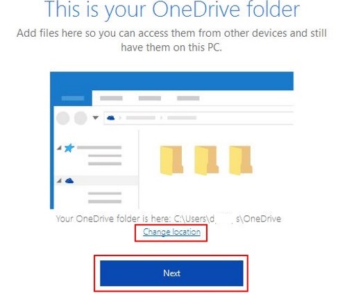 OneDrive folder, Change location, Next