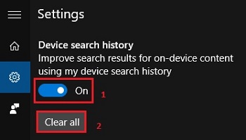 Cortana, Settings, Device search history