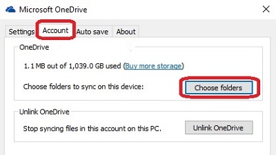 Microsoft OneDrive, Account, Choose Folders