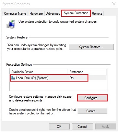Windows 10 System Properties, System Protection Settings