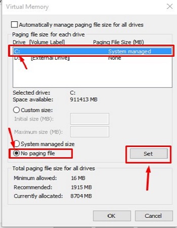 C drive, No paging File, Set