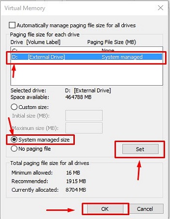 D drive, System managed size, Set, OK