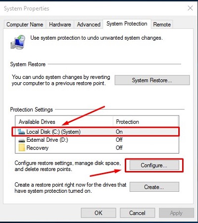 System Properties, Local Disk, Configure