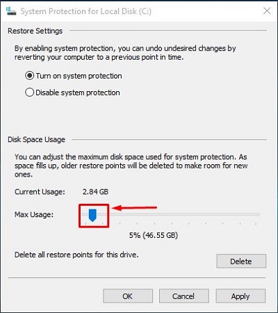 System Protection, Max usage slider