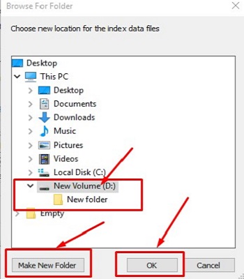 Browse for Folder Dialog box, Volume D, Make new Folder, OK