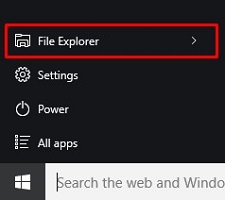 Windows 10 desktop, Start button, File Explorer