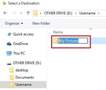 Username folder, create new folder
