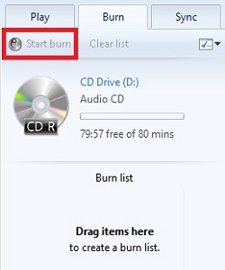 Windows Media Player burn list, Start Burn