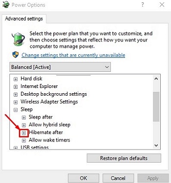 Windows 10 Power Options hibernate after setting