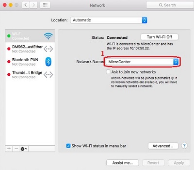 Mac OS X El Capitan Network Menu, Name Drop-Down Menu