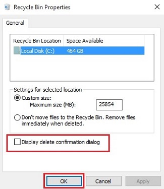 Recycle Bin Properties, Display delete confirmation dialog