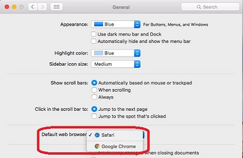 General, Default web browser, Choose browser