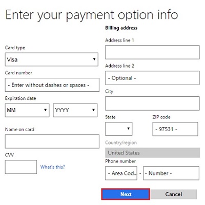 Payment information screen