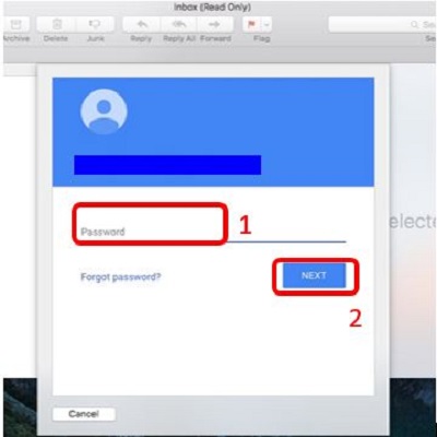 Mail app, Enter password, Next