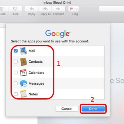 Mail app, Choose apps to sync with, Done