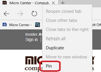Edge Browser, Right Click Tab, Pin