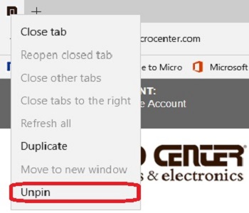 Edge Browser, Right Click Pinned Tab, Unpin