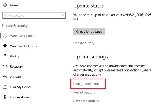 Windows Update Settings, Change Active Hours