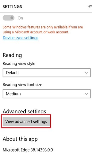 Microsoft Edge, Settings, View advanced settings