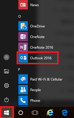 Windows Start Menu, Outlook 2016