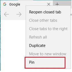 Options for tab, Pin