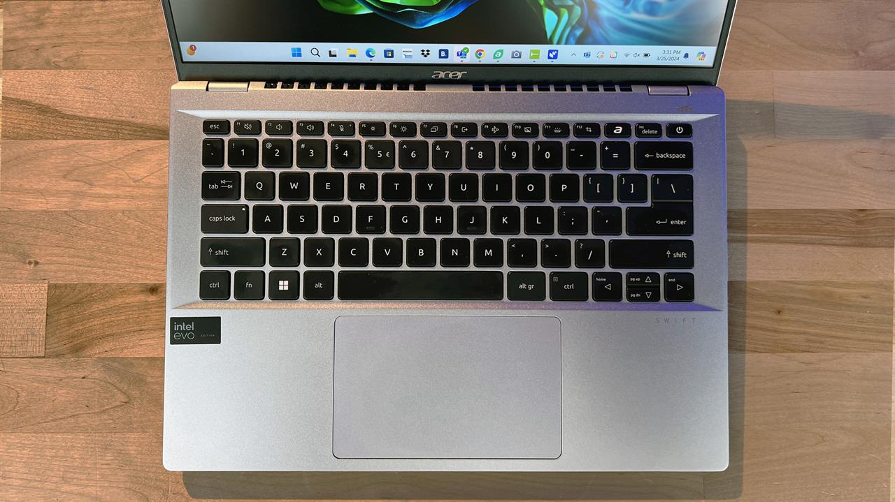 The keyboard and touchpad of the Acer Swift Go laptop. 