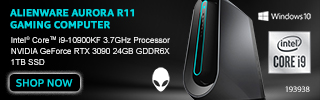 Dell Alienware Aurora R11 Gaming Computer; Intel Core i9 10900KF 3.7GHz; NVIDIA RTX 3090 24GB GDDR6X; 1TB SSD; Windows 10; Sku 193938; Shop Now
