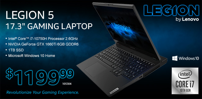 Lenovo Legion 5 17.36 inch Gaming Laptop - Intel Core i7 10750H Processor 2.6GHz; NVIDIA GeForce GTX 1660Ti 6GB GDDR6; 1TB SSD; Microsoft Windows 10 Home - $1199.99; SKU 105304