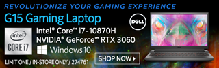Revolutionize Your Gaming Experience - Dell G15 Gaming Laptop; Intel Core i7-10870H, NVIDIA GeForce RTX 3060, Windows 10; Limit one, In-store only, SKU 274761; SHOP NOW
