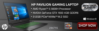 HP Pavilion Gaming Laptop; AMD Ryzen 5 5600H processor; NVIDIA GeForce GTX 1650 4GB GDDR6; 512GB PCIe NVMe M.2 SSD; Microsoft Windows 10 Home; $699.99; sku 244715