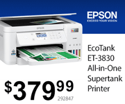 Epson EcoTank ET-3830 All-in-one supertank printer - $379.99; SKU 292847