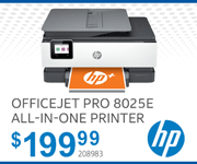 HP OfficeJet Pro 8025E All-in-one Printer - $199.99; SKU 208983
