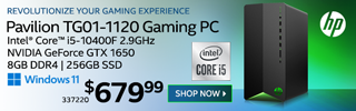 Revolutionize Your Gaming Experience - HP Pavilion TG01-1120 Gaming PC - $679.99; Intel Core i5-10400F 2.9GHz, NVIDIA GeForce GTX 1650, 8GB DDR4, 256GB SSD, Windows 11; SKU 337220; SHOP NOW
