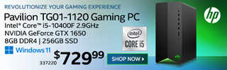 Revolutionize Your Gaming Experience - HP Pavilion TG01-1120 Gaming PC - $729.99; Intel Core i5-10400F 2.9GHz, NVIDIA GeForce GTX 1650, 8GB DDR4, 256GB SSD, Windows 11; SKU 337220; SHOP NOW